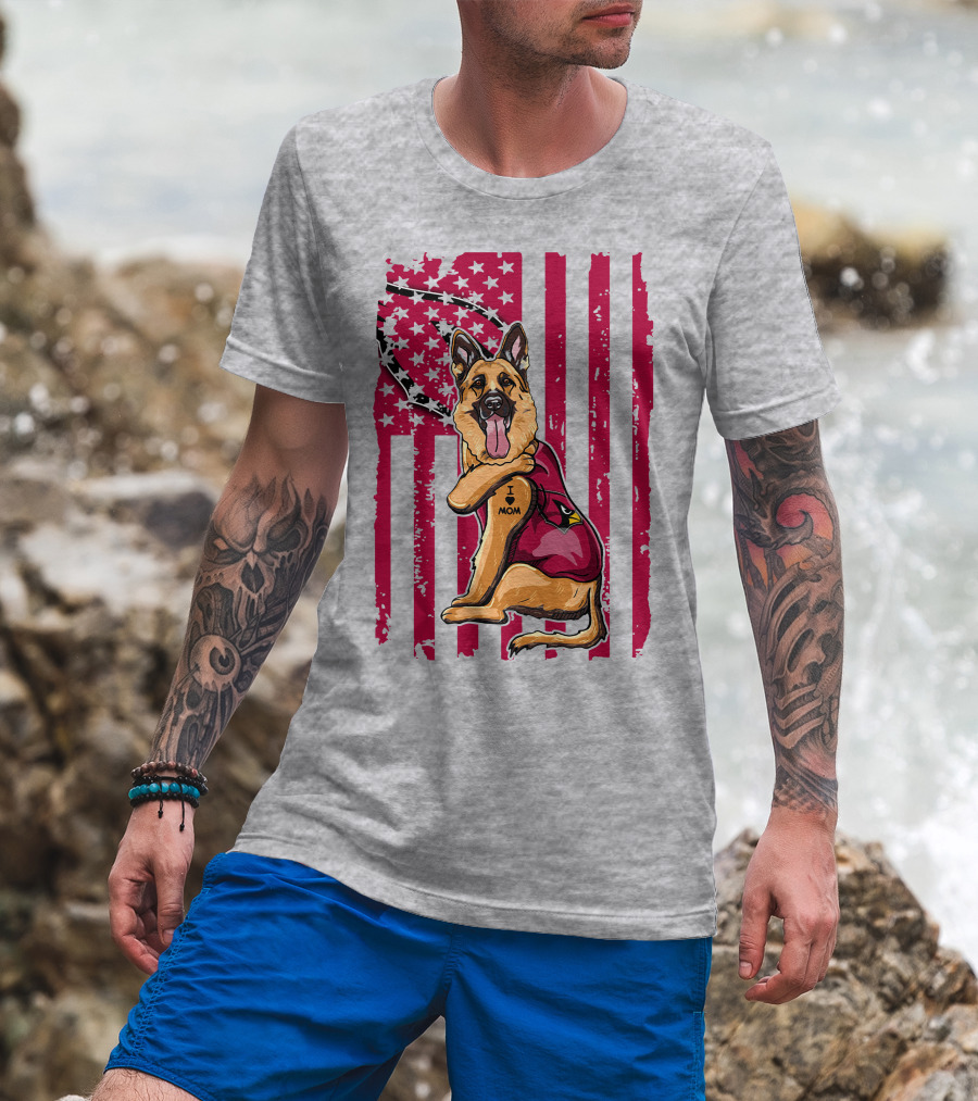 German Shepherd Wearing Arizona Cardinals Jersey With American Flag Background T-Shirt