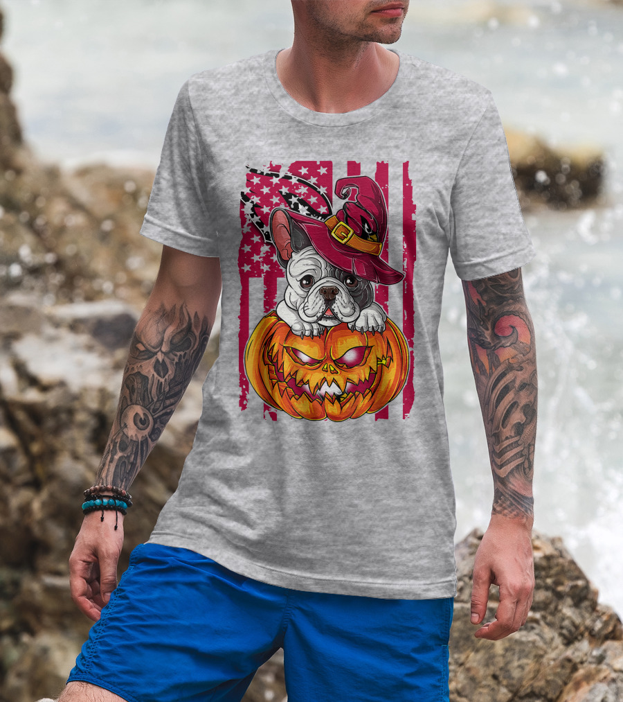 Hlw Bulldog Witch Hat Pumpkin Stars Stripes T-Shirt