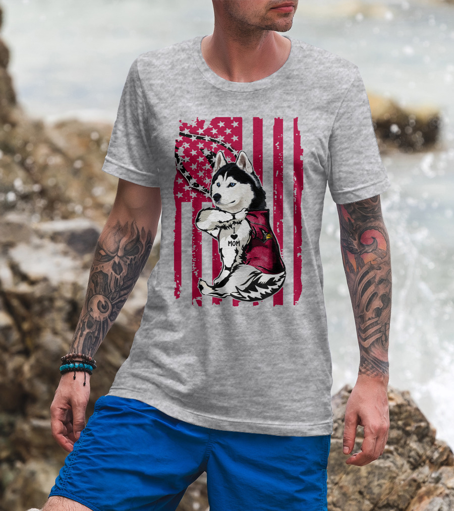 Siberian Husky I Love Mom Arizona Cardinals American Flag T-Shirt