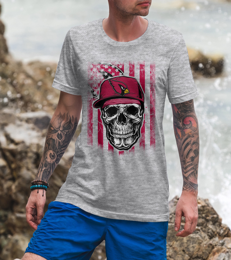Skull V1 Arizona Cardinals Red Cap American Flag T-Shirt