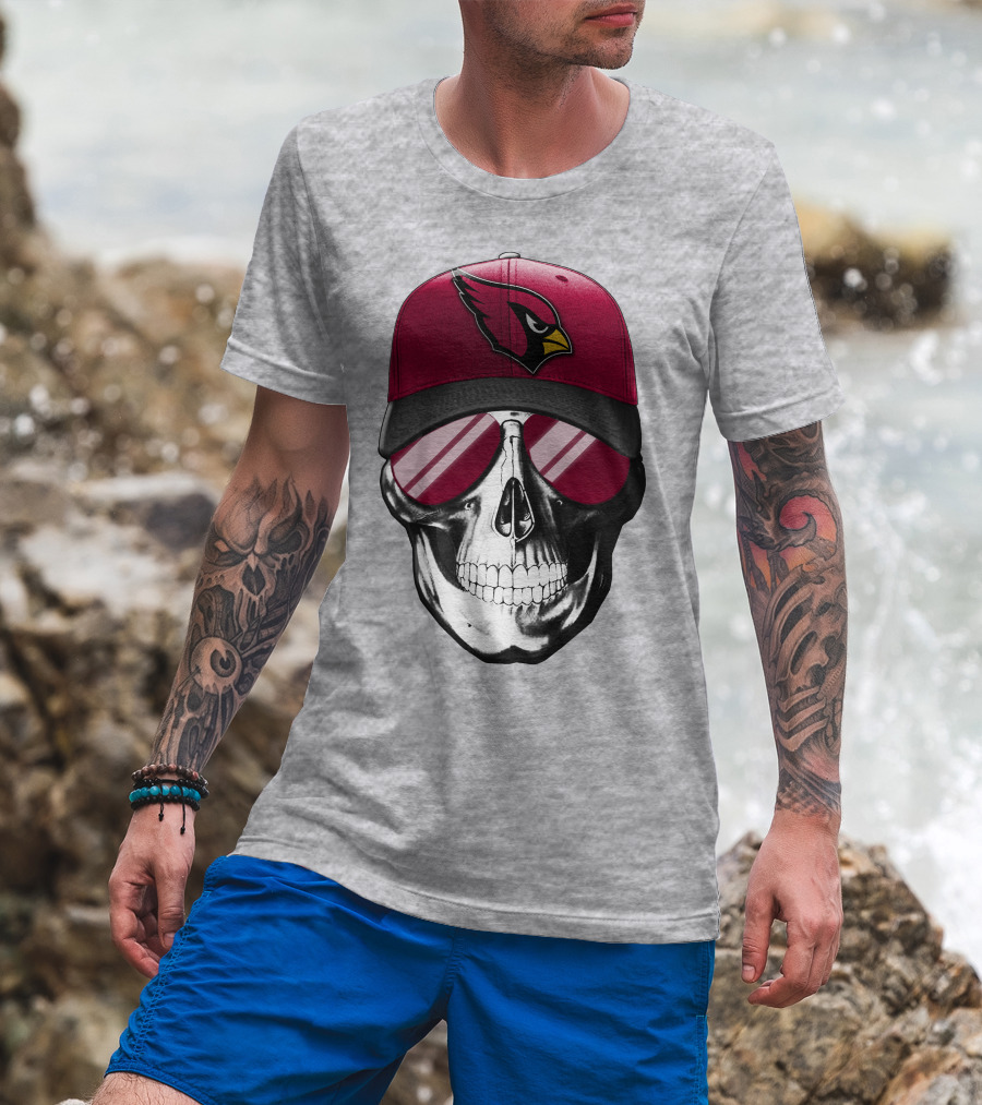 Skull V7 Arizona Cardinals Logo Hat And Sunglasses T-Shirt