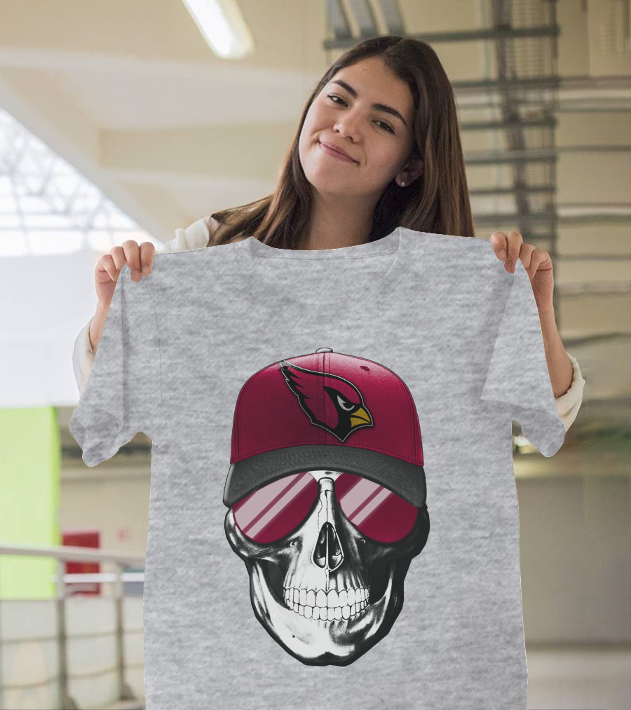 Skull V7 Arizona Cardinals Logo Hat And Sunglasses T-Shirt