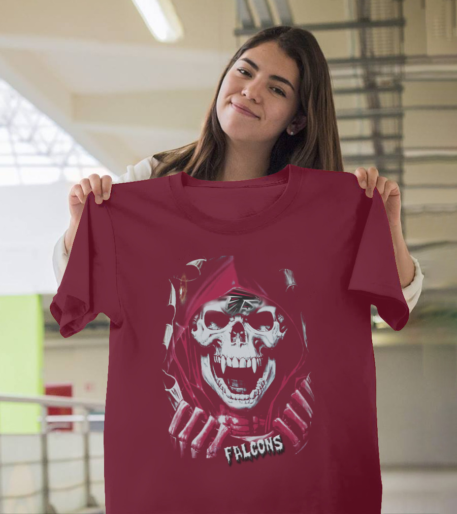 Atlanta Falcons Skull In Red Hood With Logo Elements T-Shirt