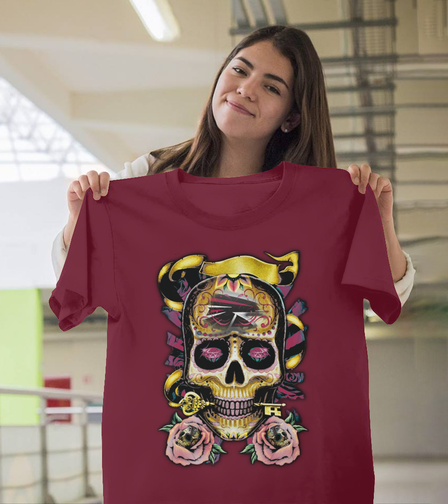 Atlanta Falcons Skull With Roses And Key T-Shirt