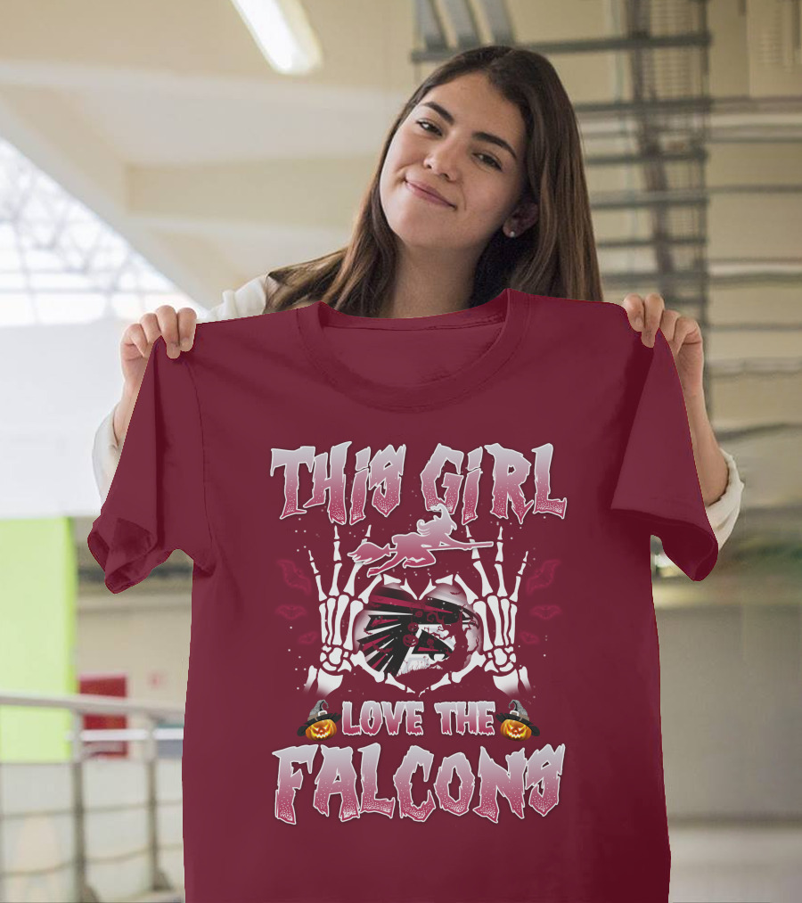 This Girl Love The Falcons Halloween Skeleton Hands Pumpkin T-Shirt