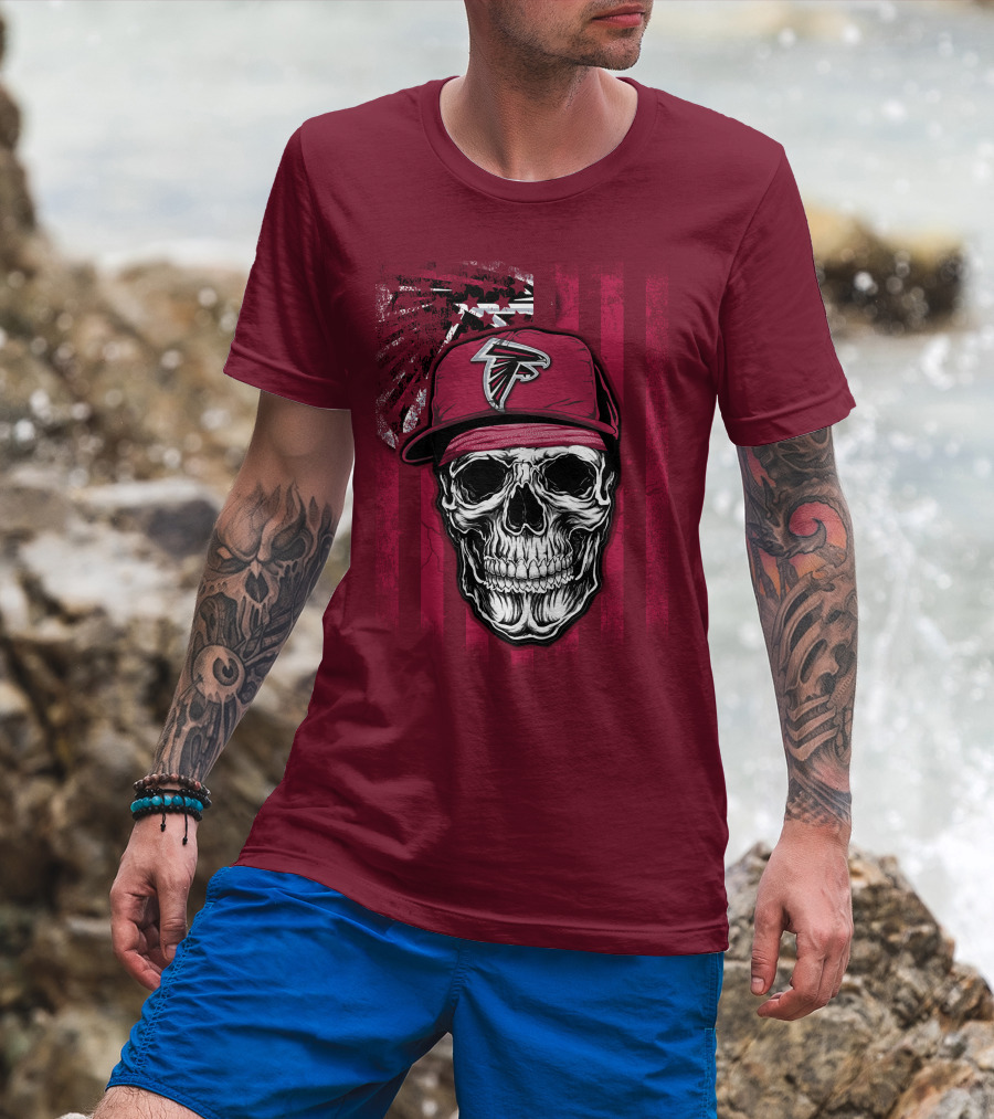 Skull V1 Atlanta Falcons Cap With Falcons Logo And Grunge Stripes T-Shirt