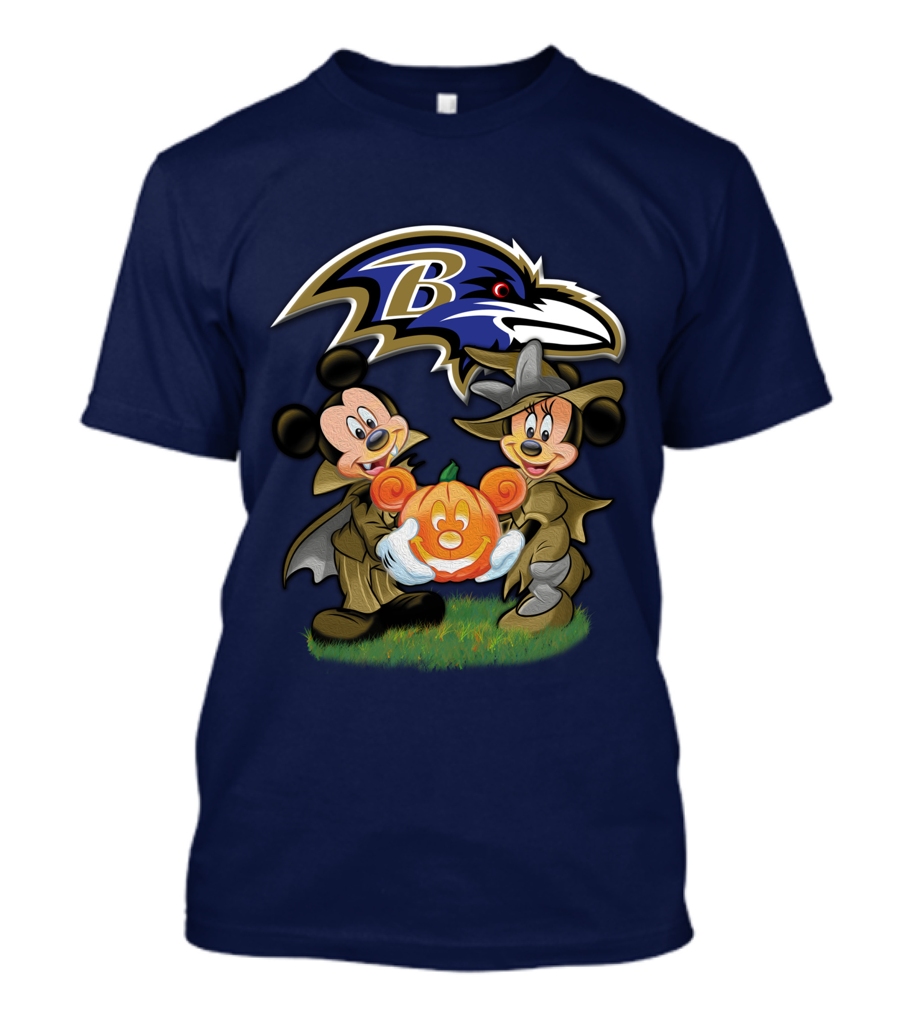 Baltimore Ravens Mickey And Minnie Halloween Pumpkin Ravens T-Shirt