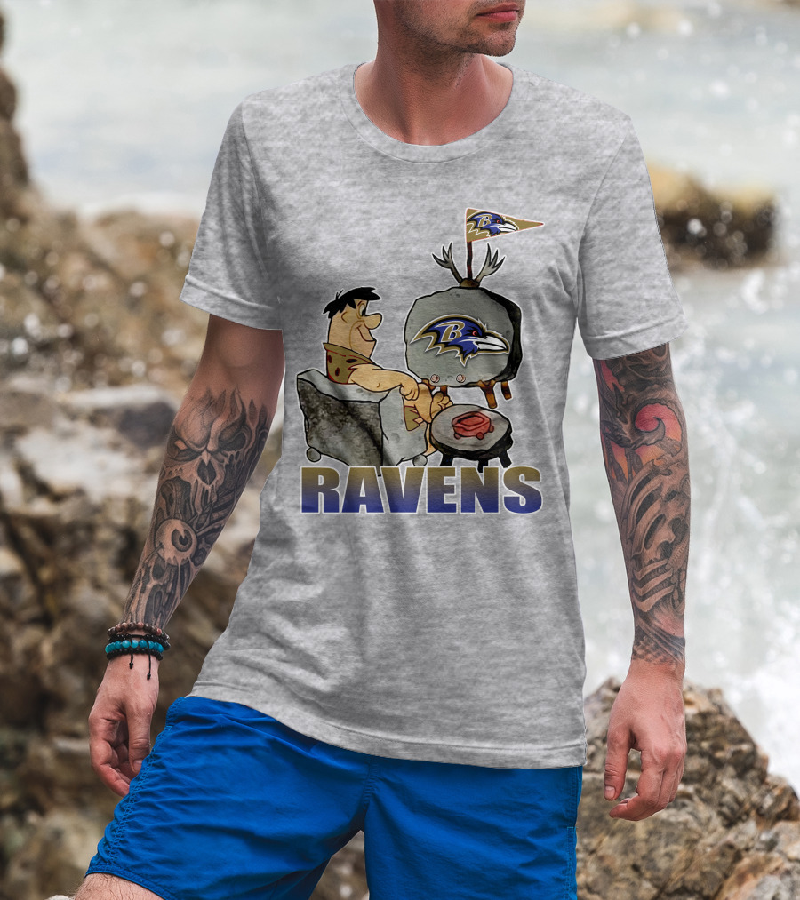 Baltimore Ravens Cartoon Character Watching Tv With Team T-Shirt
