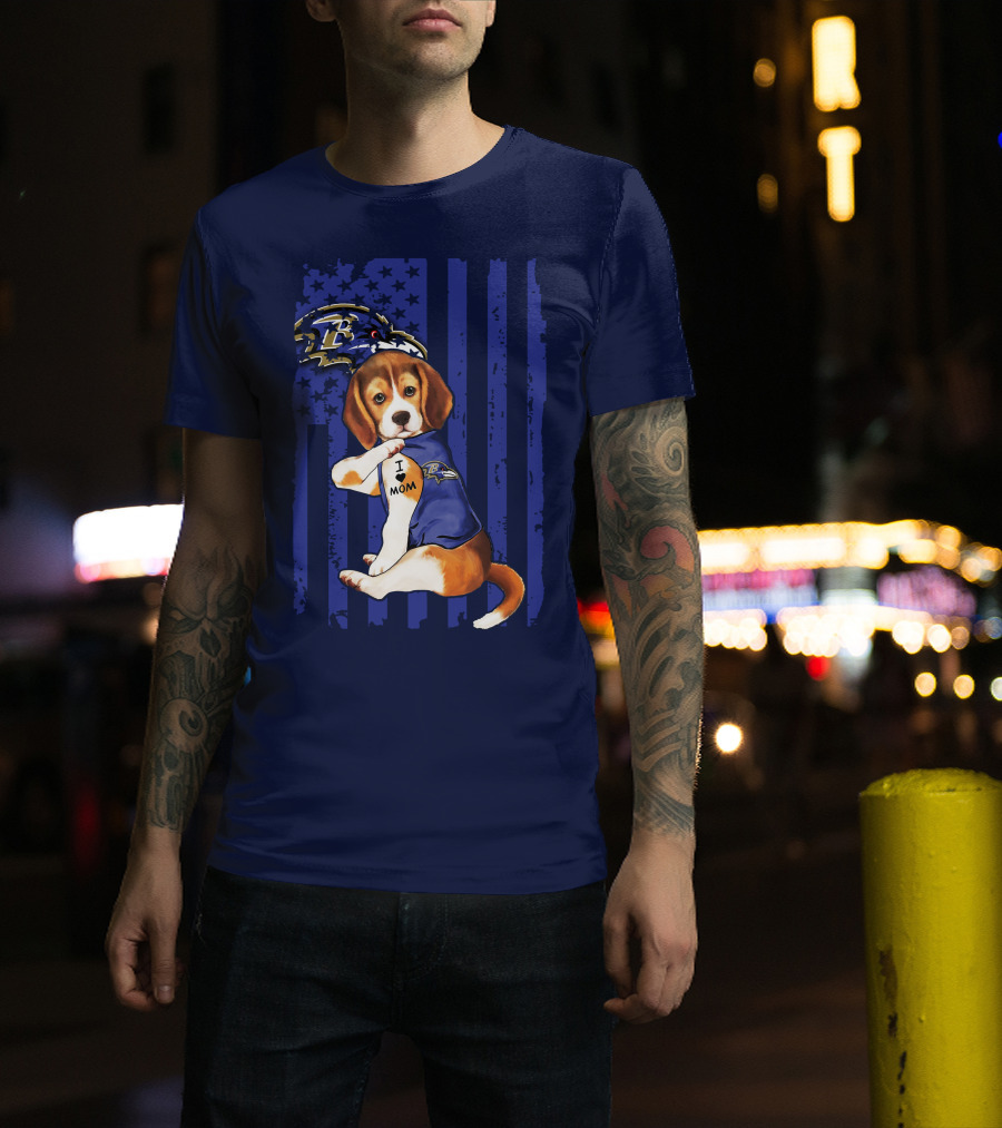 Beagle Puppy I Love Mom Baltimore Ravens Fan With Tattoo And Team Jersey T-Shirt