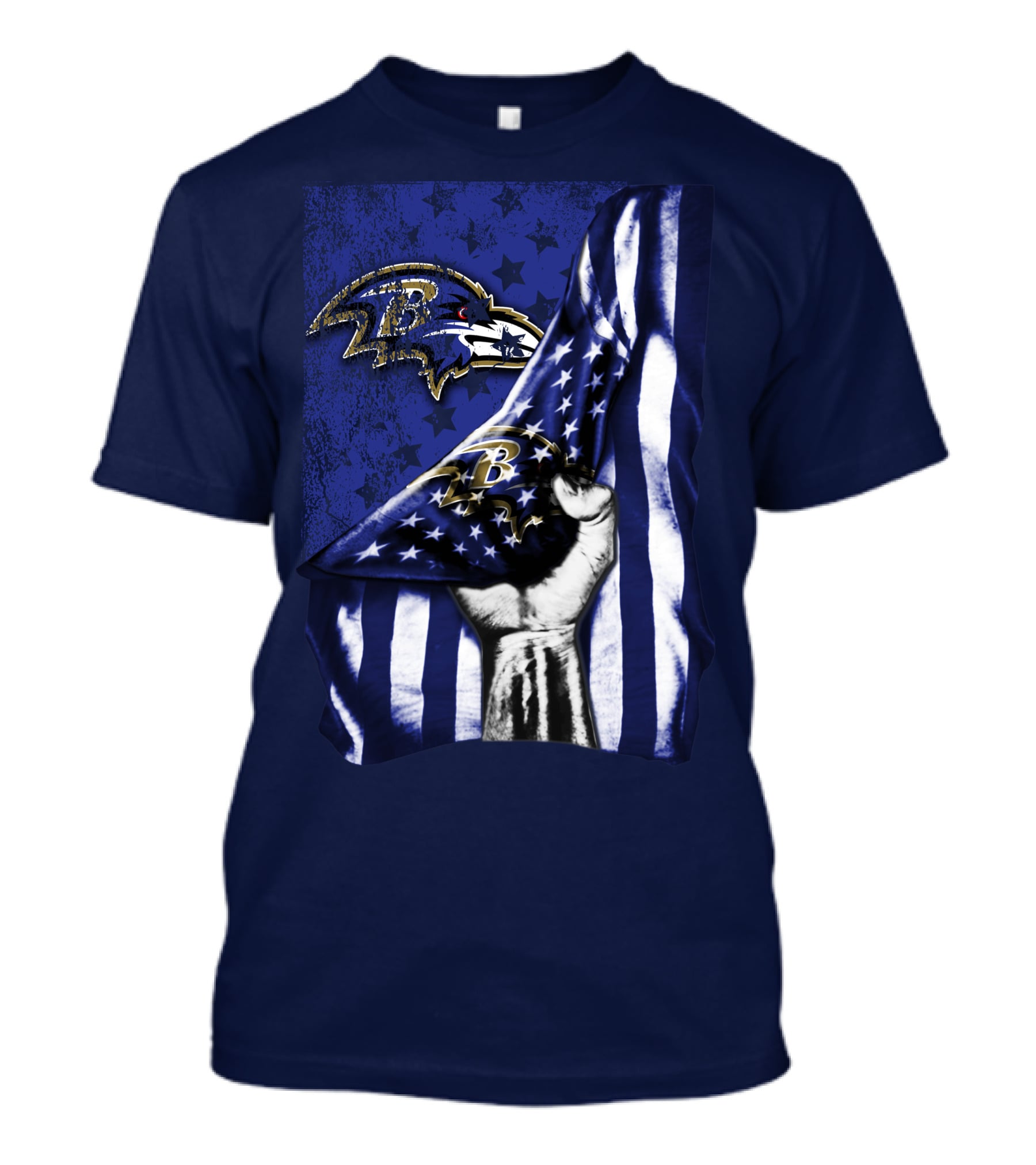 Fist Holding American Flag With Baltimore Ravens Logo And Stars T-Shirt