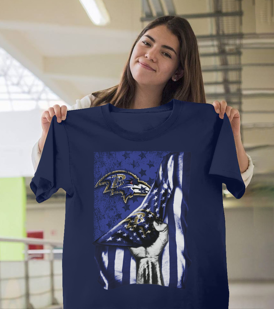 Fist Holding American Flag With Baltimore Ravens Logo And Stars T-Shirt