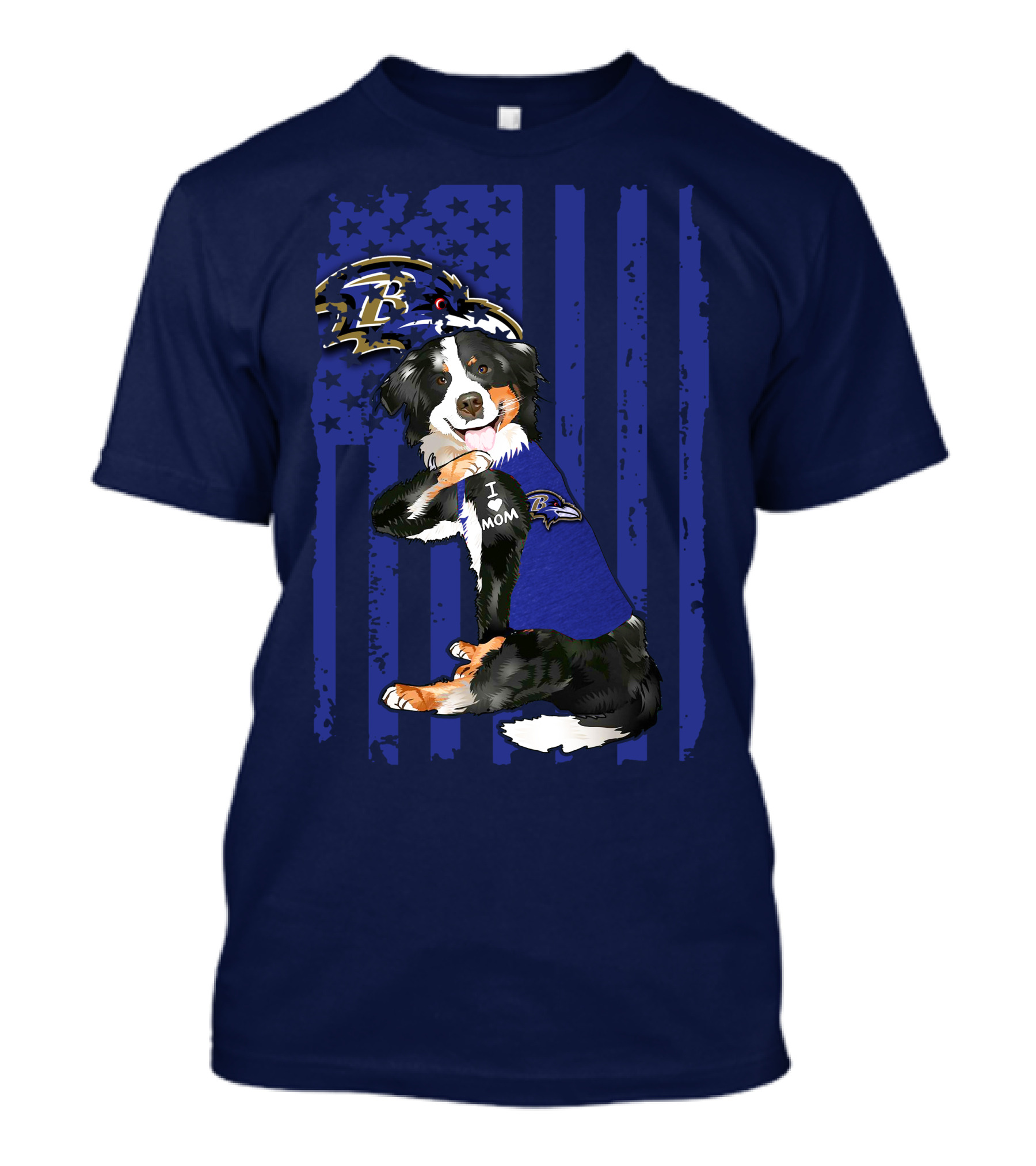 Border Collie Wearing Baltimore Ravens Gear With I Love Mom Tattoo T-Shirt