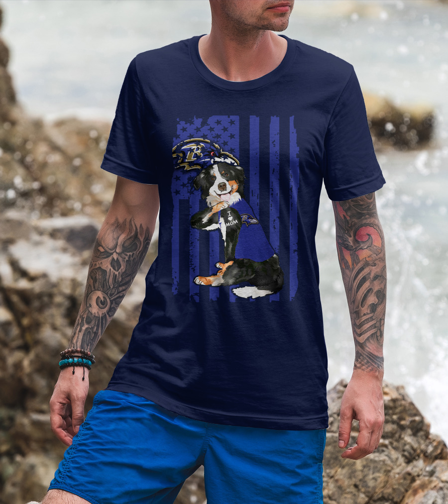 Border Collie Wearing Baltimore Ravens Gear With I Love Mom Tattoo T-Shirt