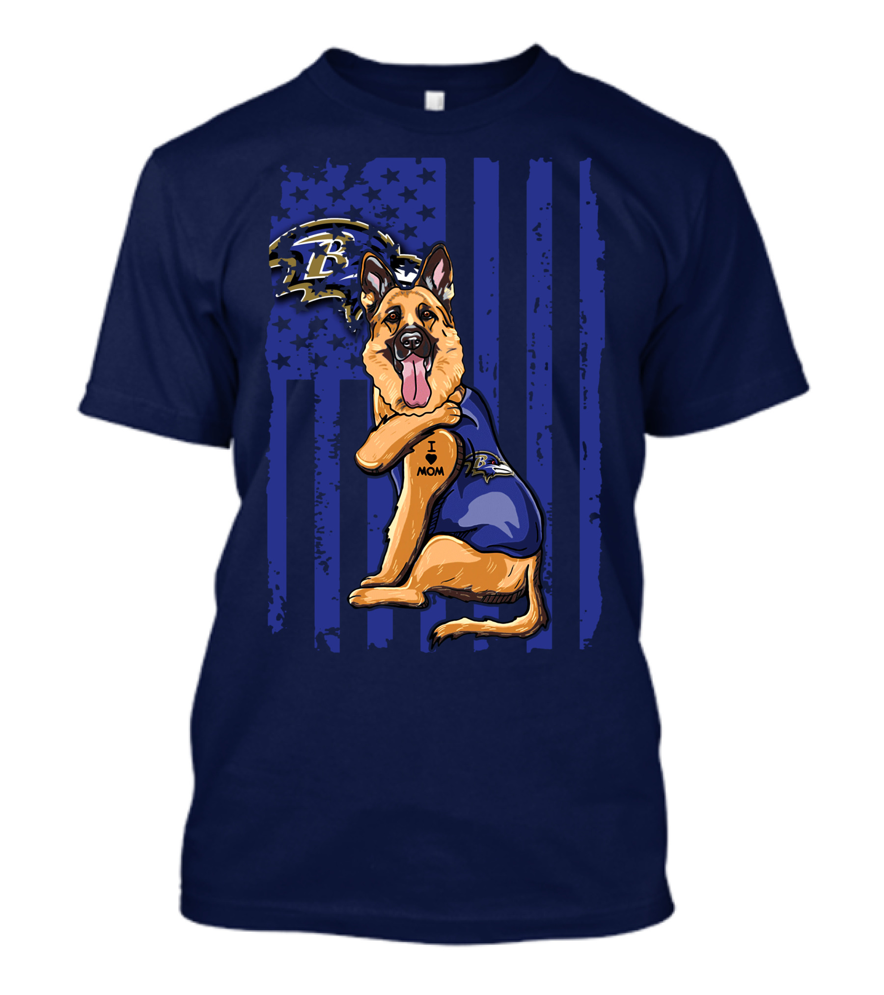 German Shepherd Illustrated With Baltimore Ravens NFL Symbol And I Love Mom Tattoo T-Shirt