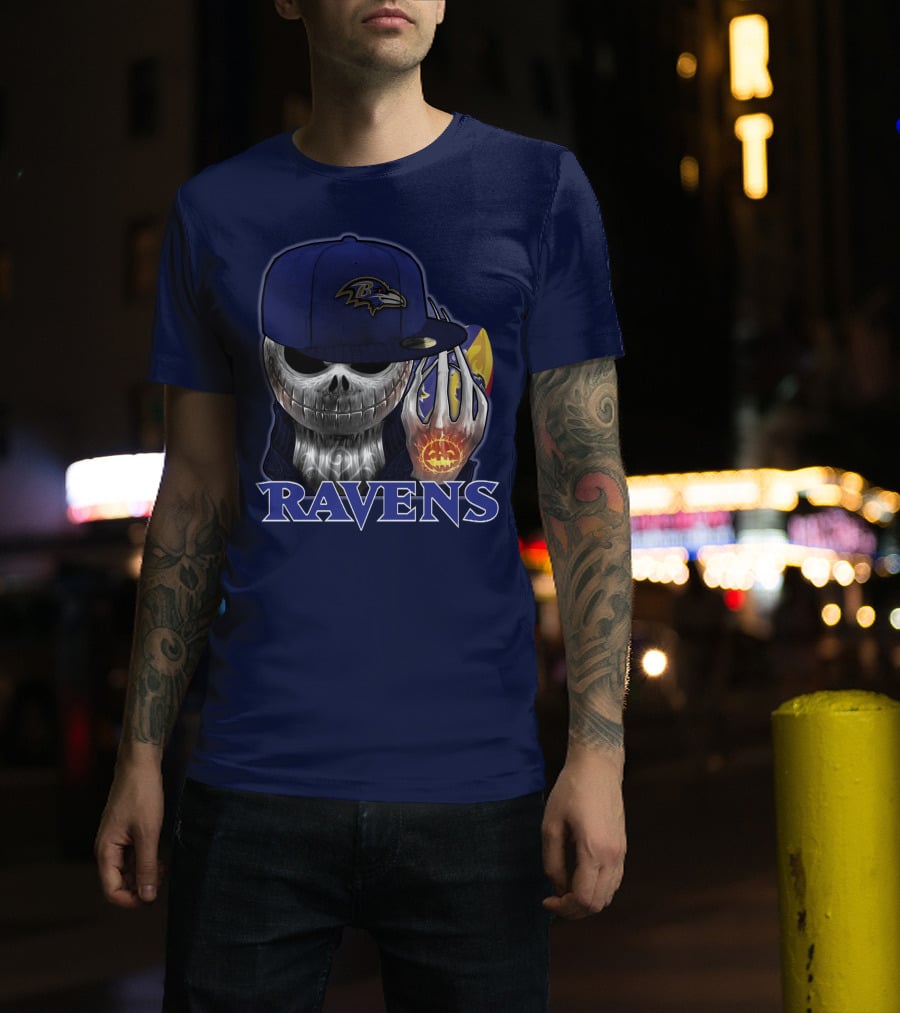 Jackskull Ravens Baltimore Football Logo And Pumpkin T-Shirt