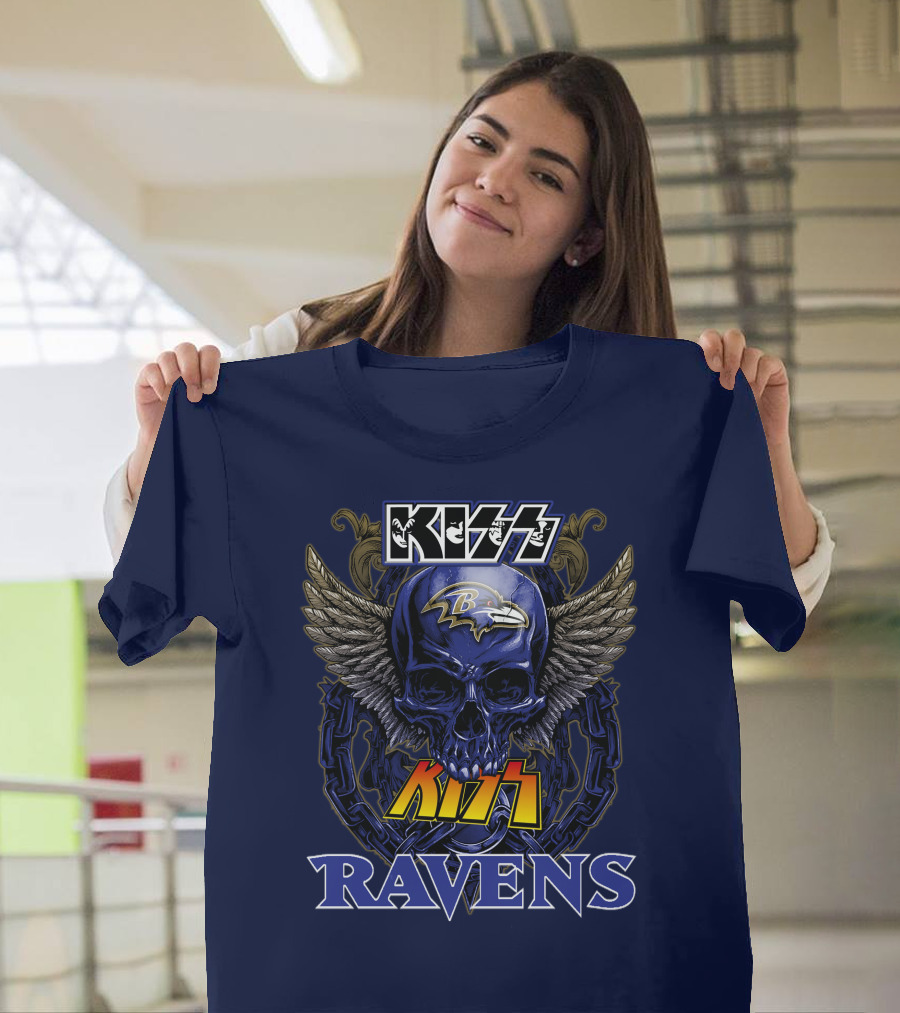 Kiss Ravens Baltimore Football Skull Wings T-Shirt