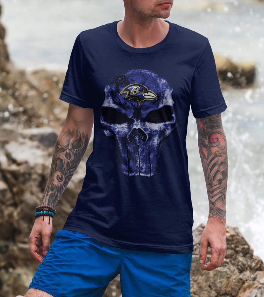 Skull Baltimore Ravens Logo Blue Skull T-Shirt