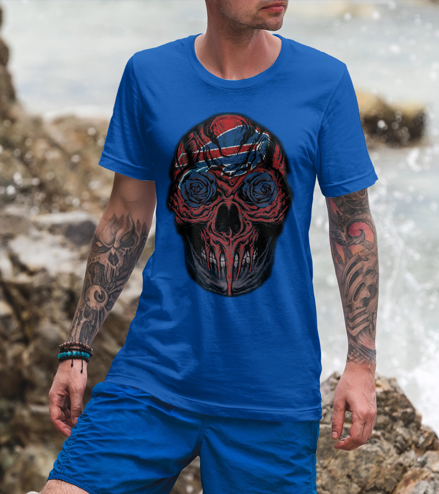Buffalo Bills 34 Skull With Blue And Red Rose Eyes On Blue T-Shirt