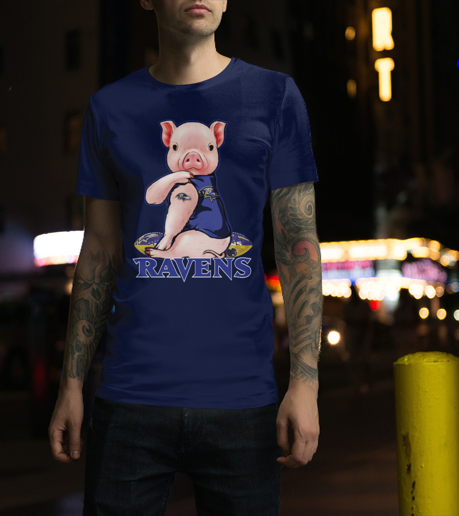Ravens Pig Mascot With Baltimore Ravens T-Shirt