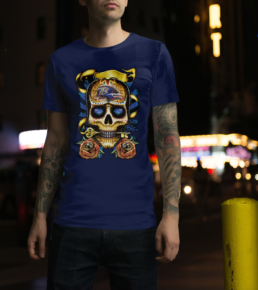 Baltimore Ravens Sugar Skull Art With Roses And Ribbon T-Shirt