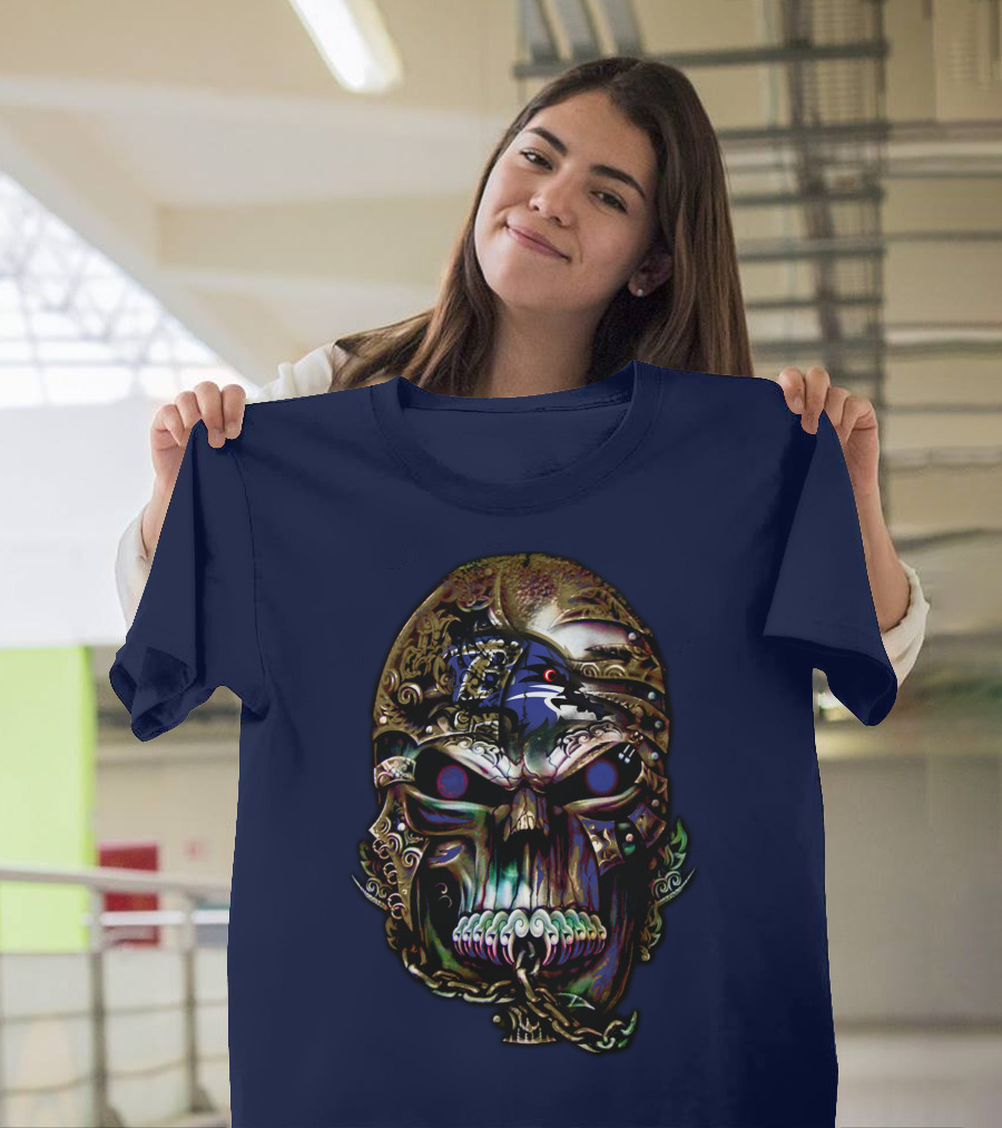 Baltimore Ravens 70 Skull Design With Ravens Logo And Metallic Elements T-Shirt