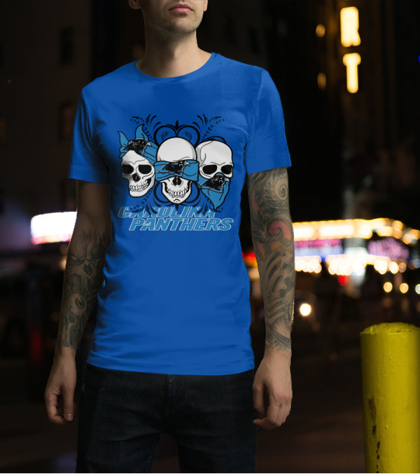 3 Skull CAROLINA PANTHERS Blindfolded Bandana T-Shirt