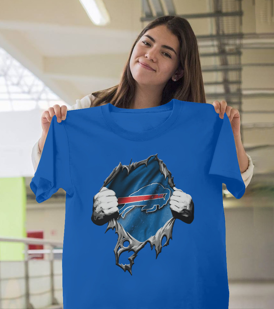 Torn Buffalo Bills Ripped Logo Hands Blue Background T-Shirt
