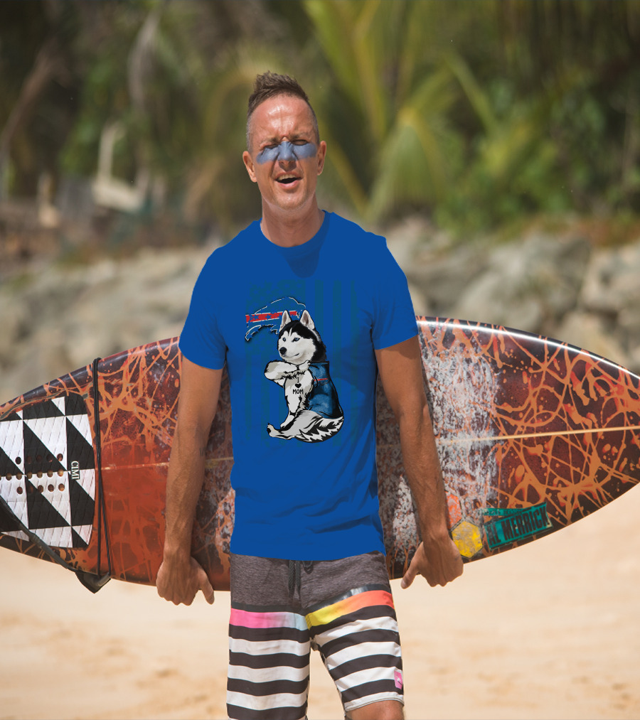 Siberian Husky Wearing Blue Buffalo Bills Vest With Heart Mom Tattoo And Flag T-Shirt