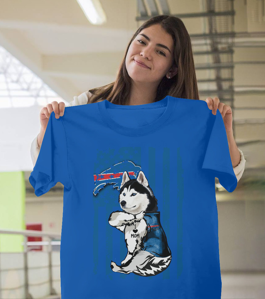 Siberian Husky Wearing Blue Buffalo Bills Vest With Heart Mom Tattoo And Flag T-Shirt