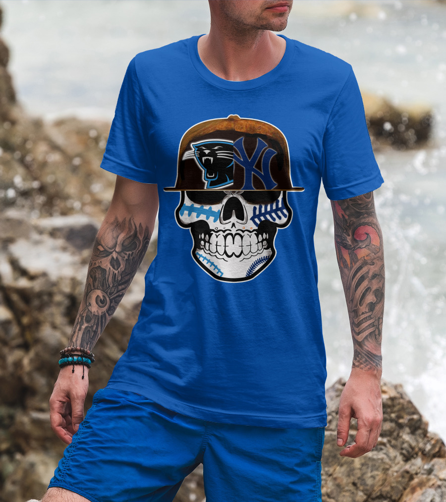 Carolina Panthers New York Yankees Skull Hat T-Shirt