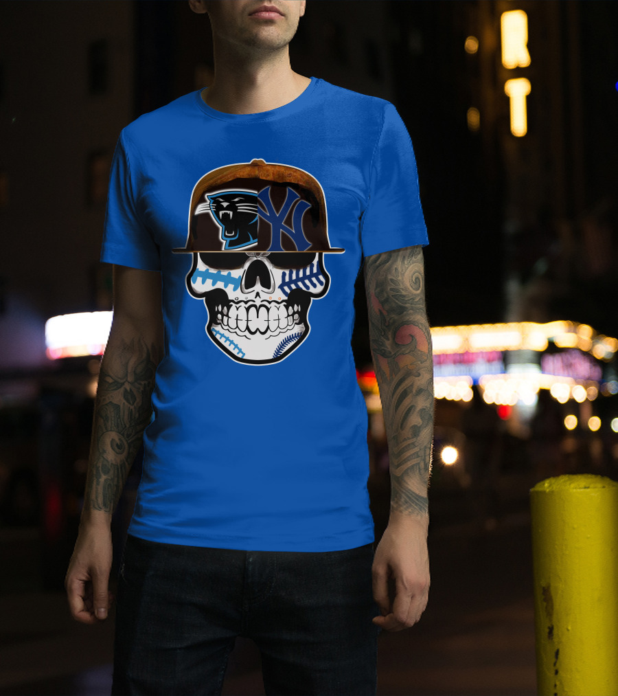 Carolina Panthers New York Yankees Skull Hat T-Shirt