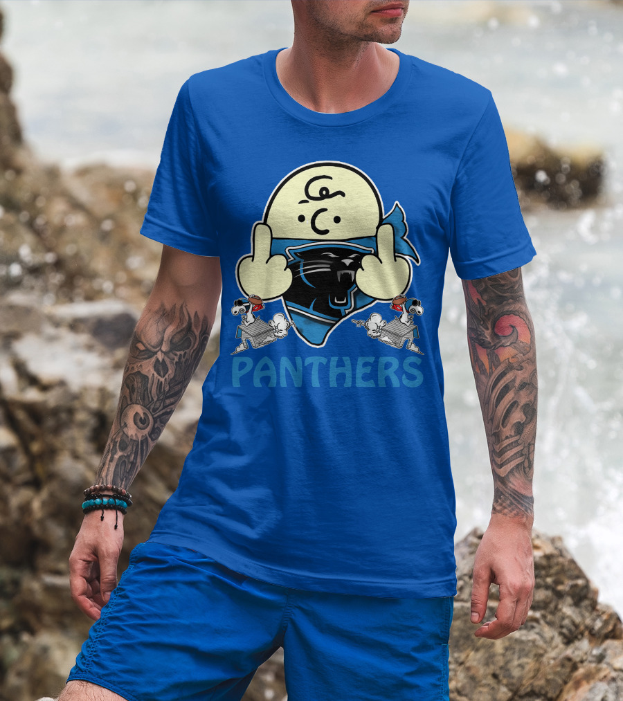 Carolina Panthers Bold Cartoon Character With Snoopy Imagery Middle Finger Salute T-Shirt