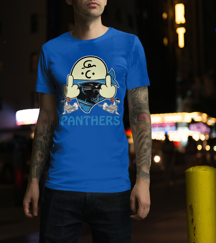 Carolina Panthers Bold Cartoon Character With Snoopy Imagery Middle Finger Salute T-Shirt