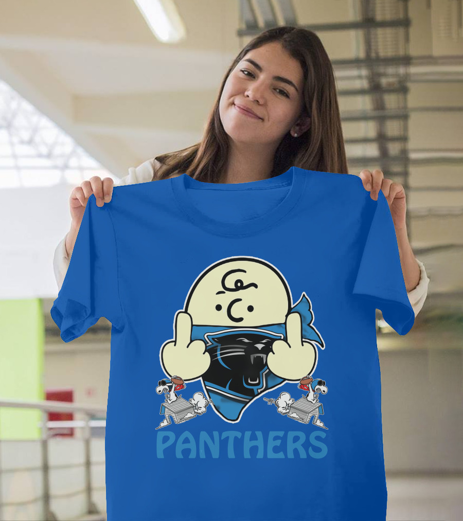 Carolina Panthers Bold Cartoon Character With Snoopy Imagery Middle Finger Salute T-Shirt