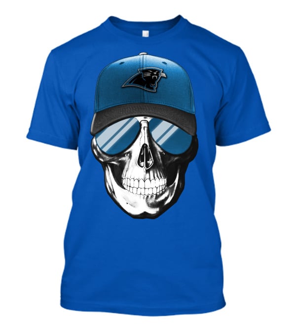 Skull Wearing Carolina Panthers Logo Hat With Reflective Sunglasses T-Shirt
