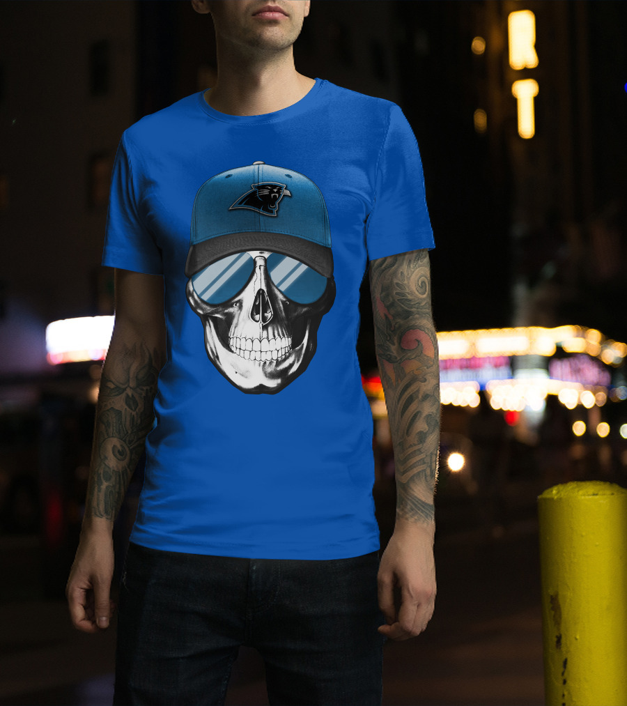Skull Wearing Carolina Panthers Logo Hat With Reflective Sunglasses T-Shirt