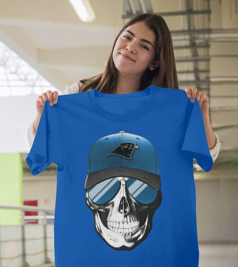 Skull Wearing Carolina Panthers Logo Hat With Reflective Sunglasses T-Shirt