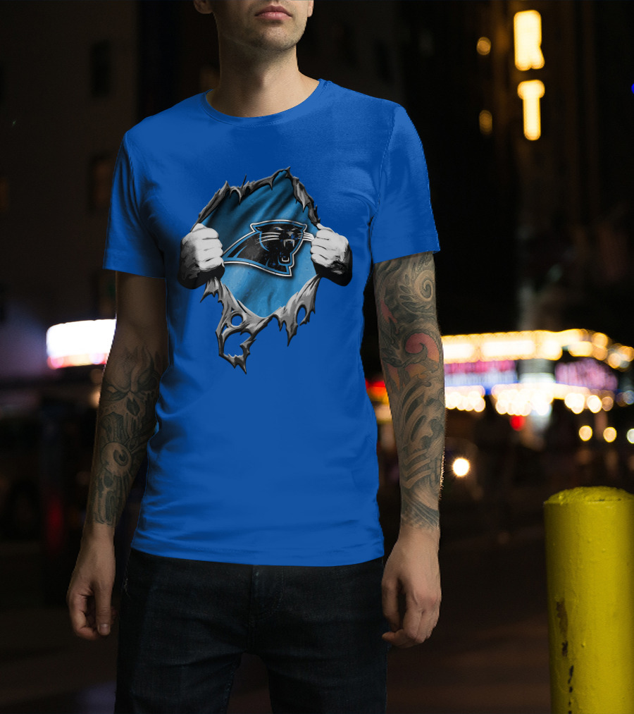 Torn Carolina Panthers Logo With Ripped Fabric And Clenched Hands T-Shirt