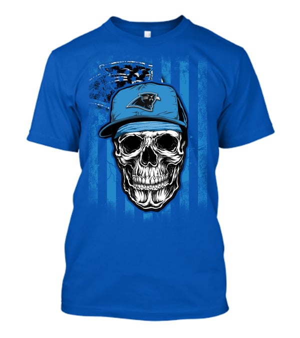 Skull With Carolina Panthers Cap And American Flag Elements T-Shirt