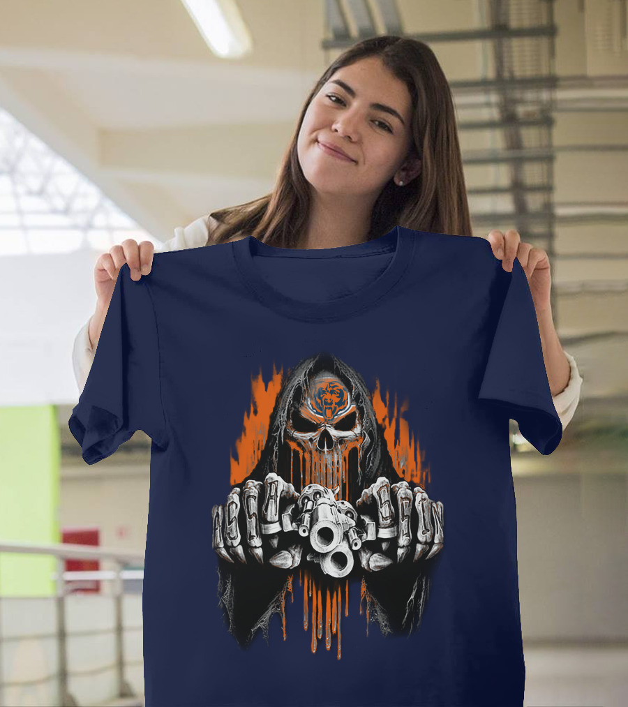 Chicago Bears Grim Reaper Skull With Orange Flames And Skull Knuckles T-Shirt