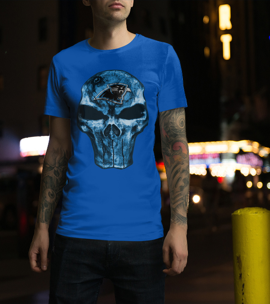 Skull With Carolina Panthers Emblem On Blue T-Shirt
