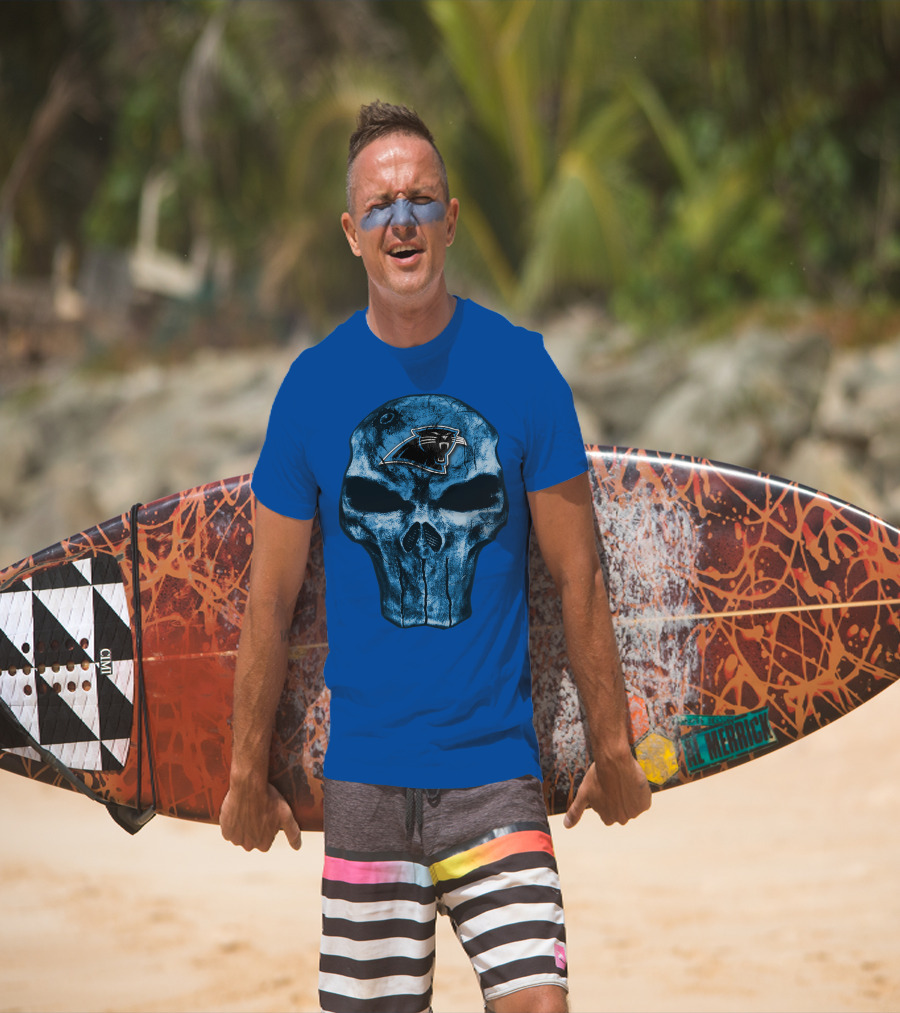 Skull With Carolina Panthers Emblem On Blue T-Shirt