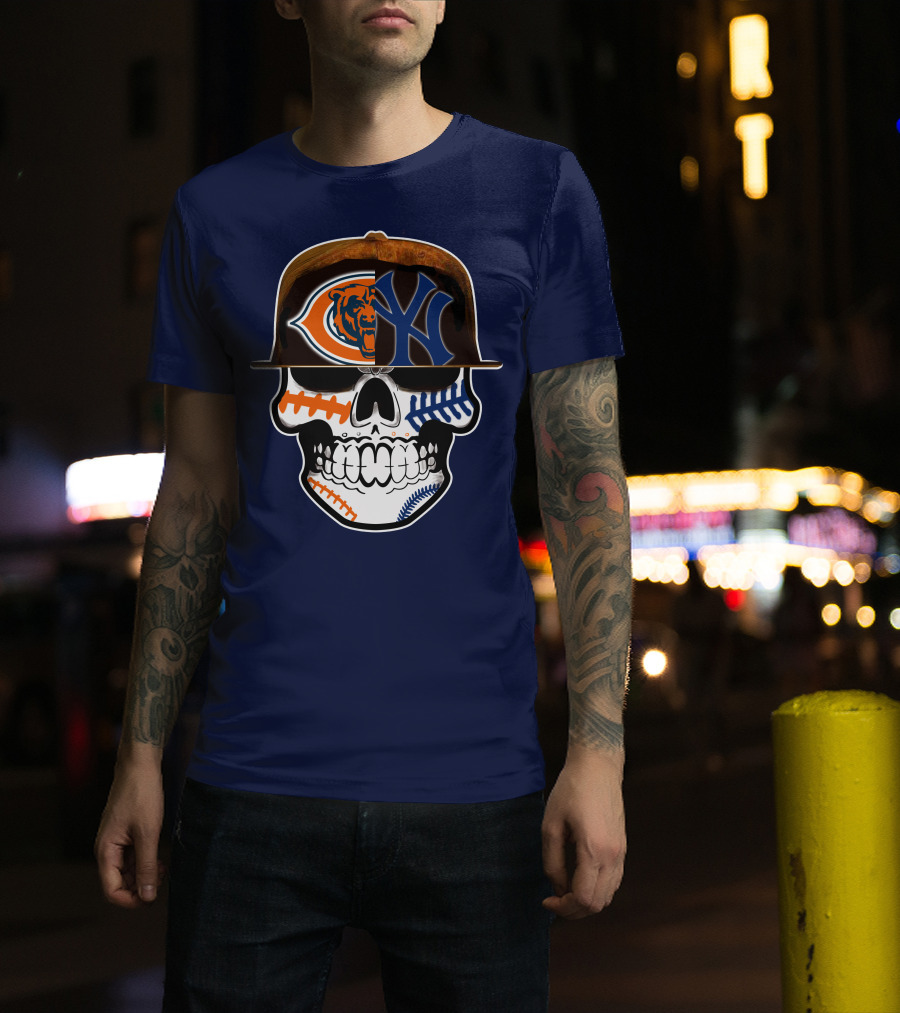 Chicago Bears Yankees Skull Football Baseball Fusion T-Shirt
