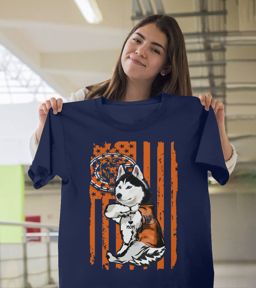 Siberian Husky Chicago Bears I Love Mom Flag T-Shirt