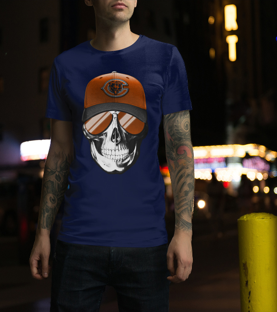 Skull V7 Chicago Bears Cap And Sunglasses T-Shirt