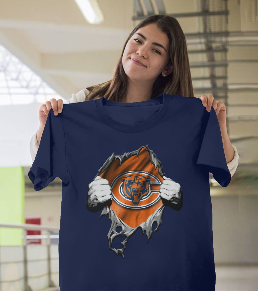 Torn Chicago Bears Emblem Revealed Through Ripped Fabric T-Shirt