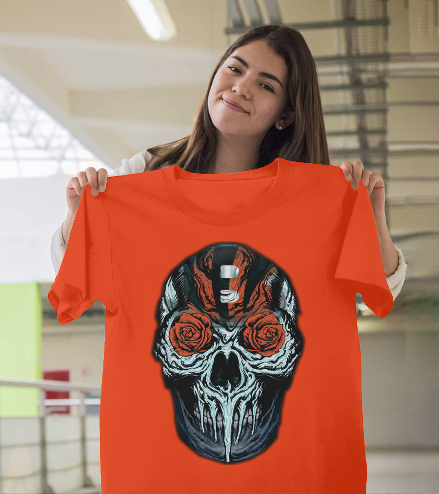 Cincinnati Bengals 34 Skull Helmet With Roses T-Shirt