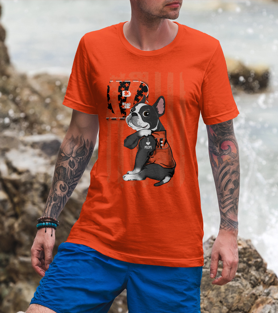 Boston Terrier Cincinnati Bengals B Stripes I Love Mom Football Fan Dog T-Shirt