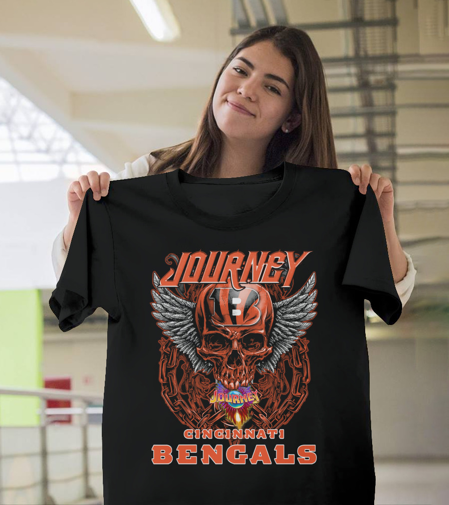 JOURNEY CINCINNATI BENGALS Skull Helmet Wings Chains Flame T-Shirt