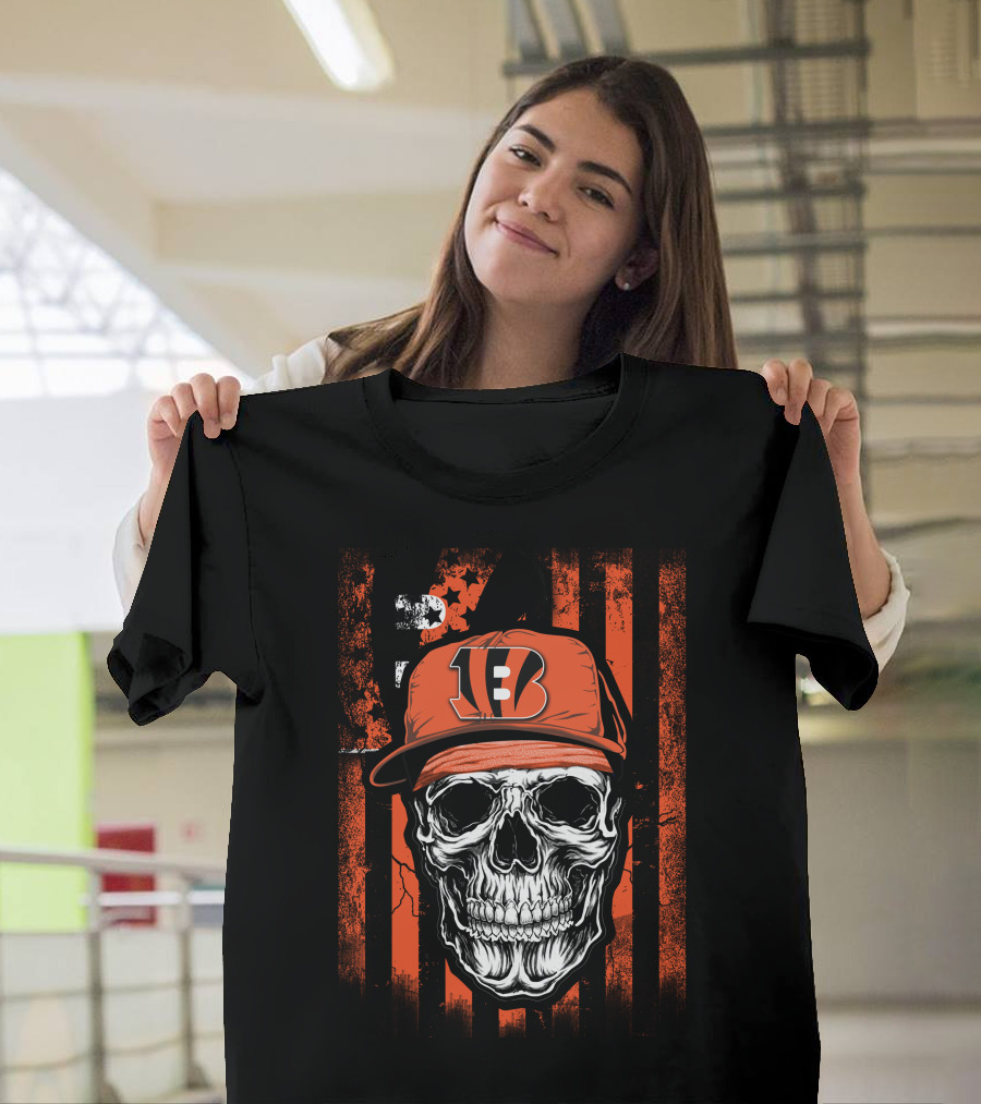 Skull Cincinnati Bengals Logo Hat with Stripes Background T-Shirt